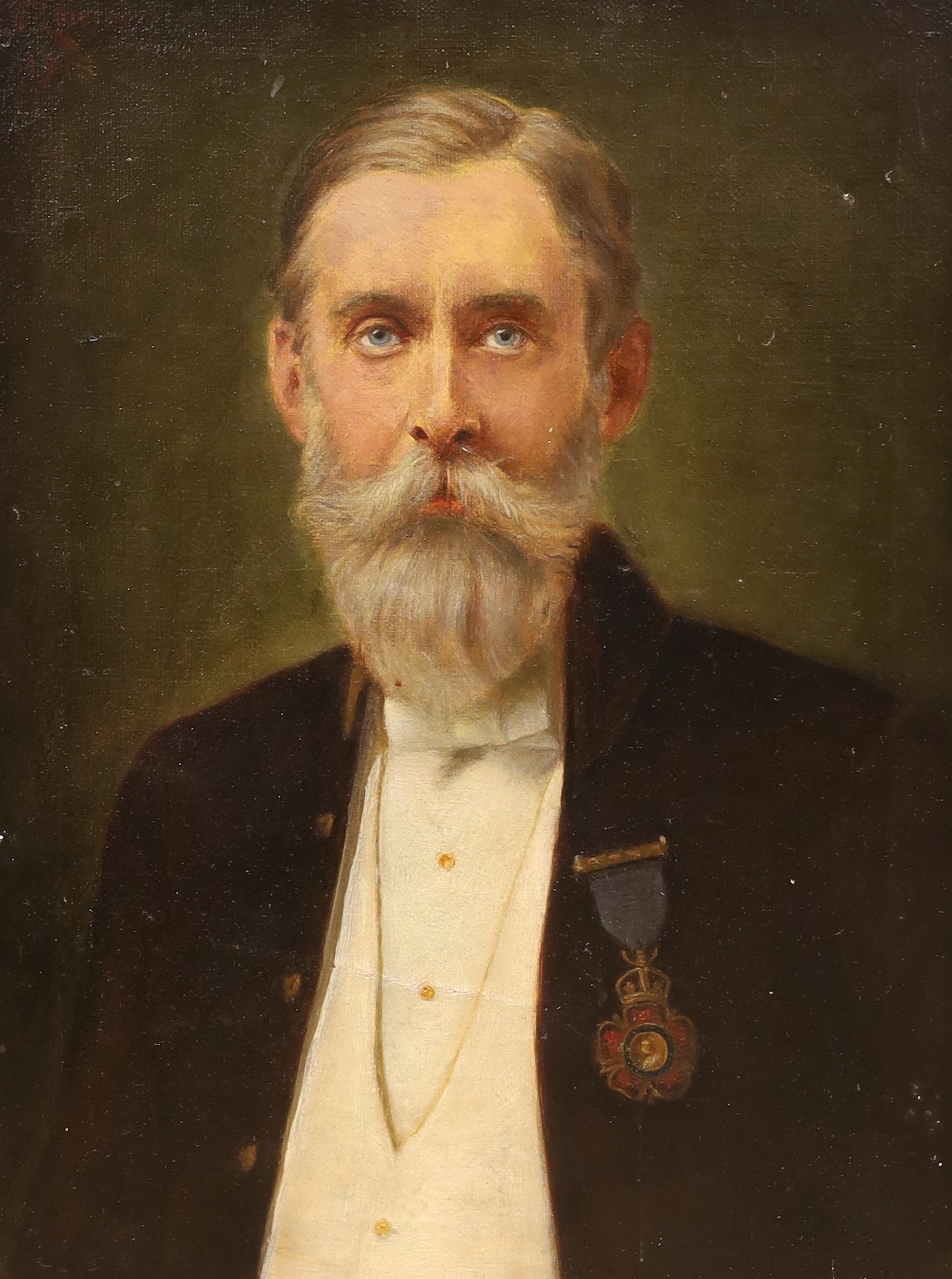 Early 20th century French School, oil on canvas, portrait of a bearded gentleman wearing a medal, various stamps and stencils verso, 32 x 24cm